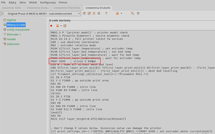 Prusa - ustawienie pradu dla silnika X