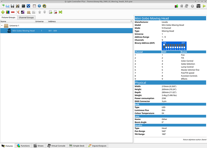 Screenshot: QLC+ in Devuan, I set up only one moving head  because currently I use one address for both, for simplicity.